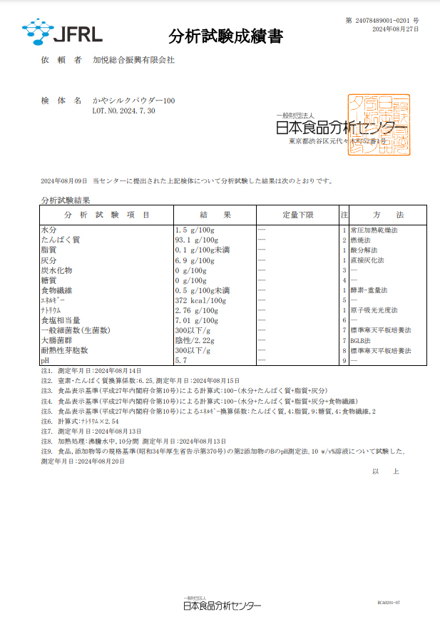 かやシルクパウダー100分析試験成績書